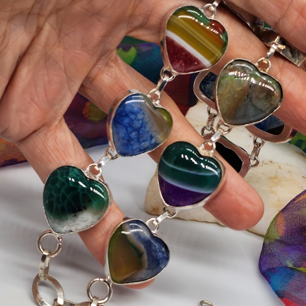 Vintage Jewelry Sterling Silver 925 Necklace Genuine Agate Stones Heart - Picture 3 of 15